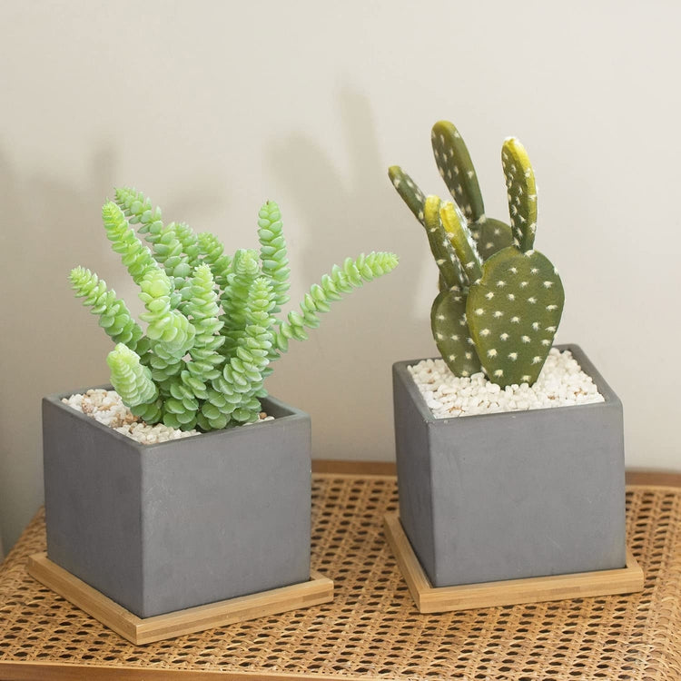 Set of 2, Concrete Plant Pot, Gray Mini Square Succulent Planters with Removable Bamboo Drain Trays-MyGift