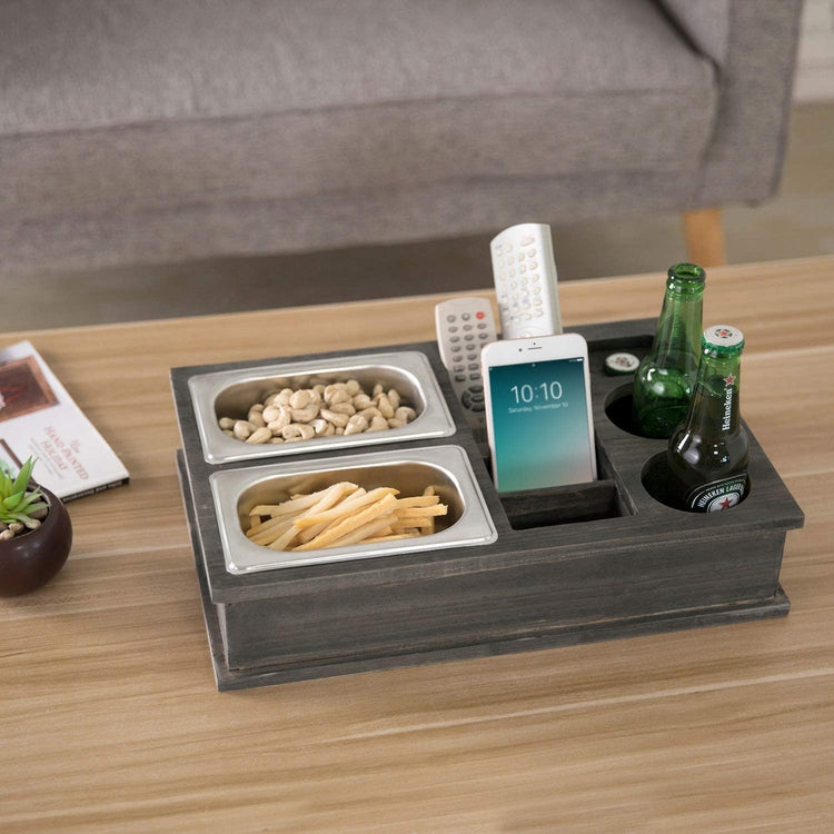 Vintage Gray Wood All-In-One Snack Caddy with Remote Control, Phone and Cup Holders