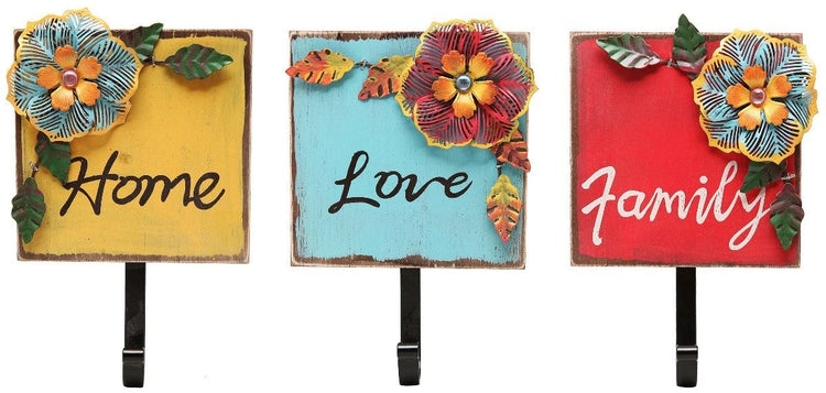 Wood & Metal Tropical Flowers Family, Home, Love Wall Mounted Coat with Key Hooks, Set of 3