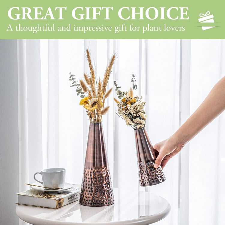 7 and 10.5 Inch Copper Tone Metal Tapered Flower Vases with Hammered Pattern, Handcrafted Vase for Floral Arrangements-MyGift