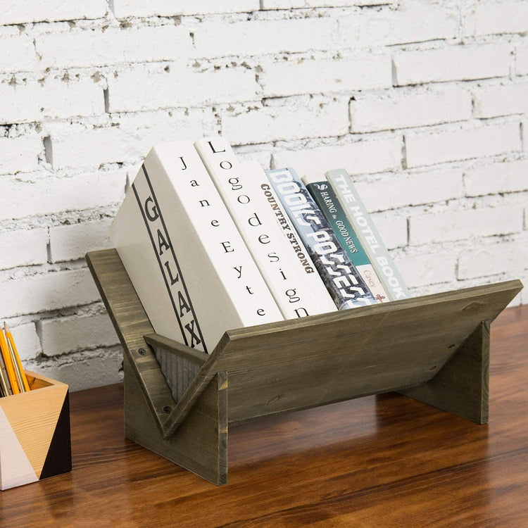 Rustic Desktop Bookcase Brown Wood & Metal Tilted Bookshelf-MyGift