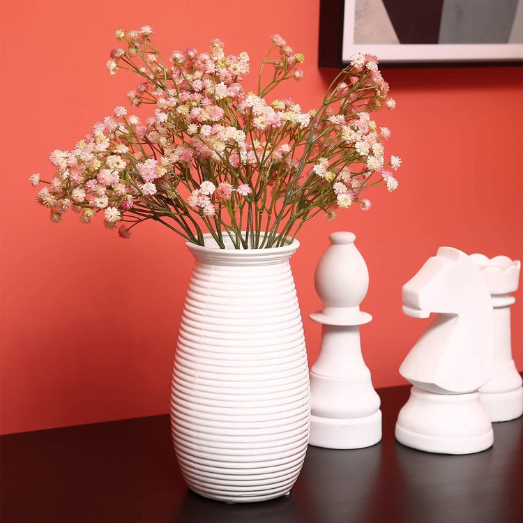 8 inch White Ribbed Ceramic Flower Vase, Tabletop Centerpiece