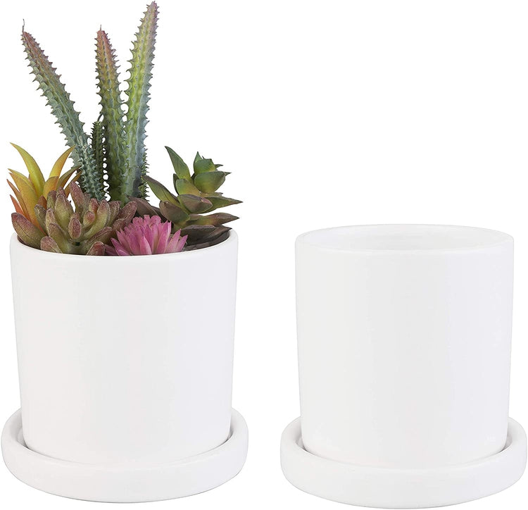 Set of 2 Matte White Ceramic 4-inch Planters with Removable Saucer-MyGift