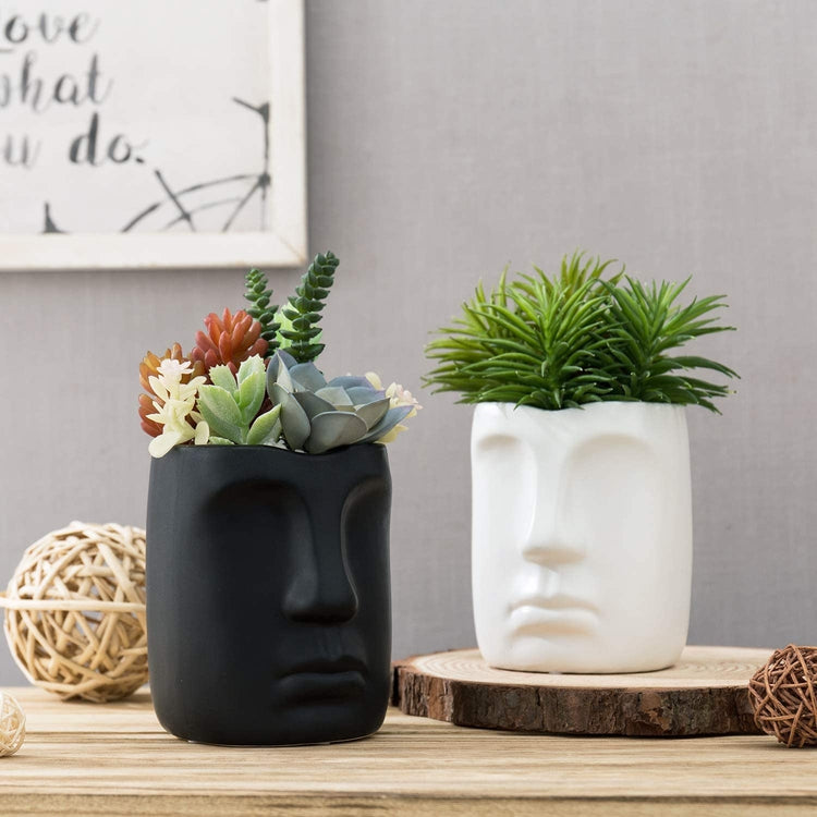 Set of 2, 4-inch Black and White Head Planter Pot, Face Design Ceramic Succulent Flower Vase-MyGift