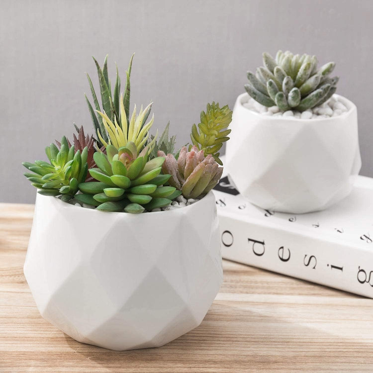 Geometric White Glazed Ceramic Planter Pots, Set of 2