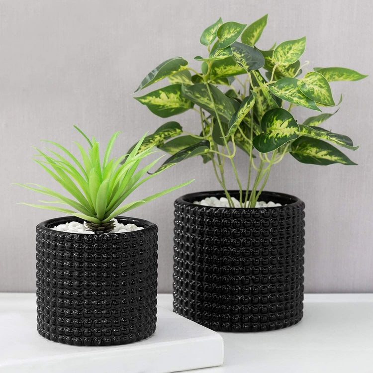 Set of 2, Black Ceramic Vintage Style Hobnail Textured Flower Planter Pots with Drainage Holes-MyGift