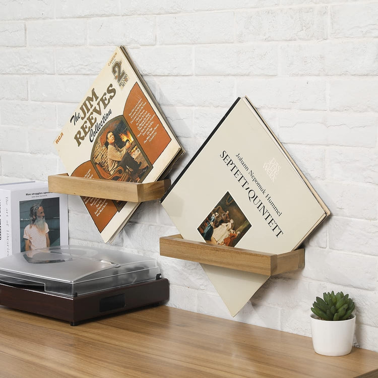 Set of 2, Acacia Wood Wall Mounted Angled Design Vinyl LP Record Storage Holder Display Shelf Racks-MyGift
