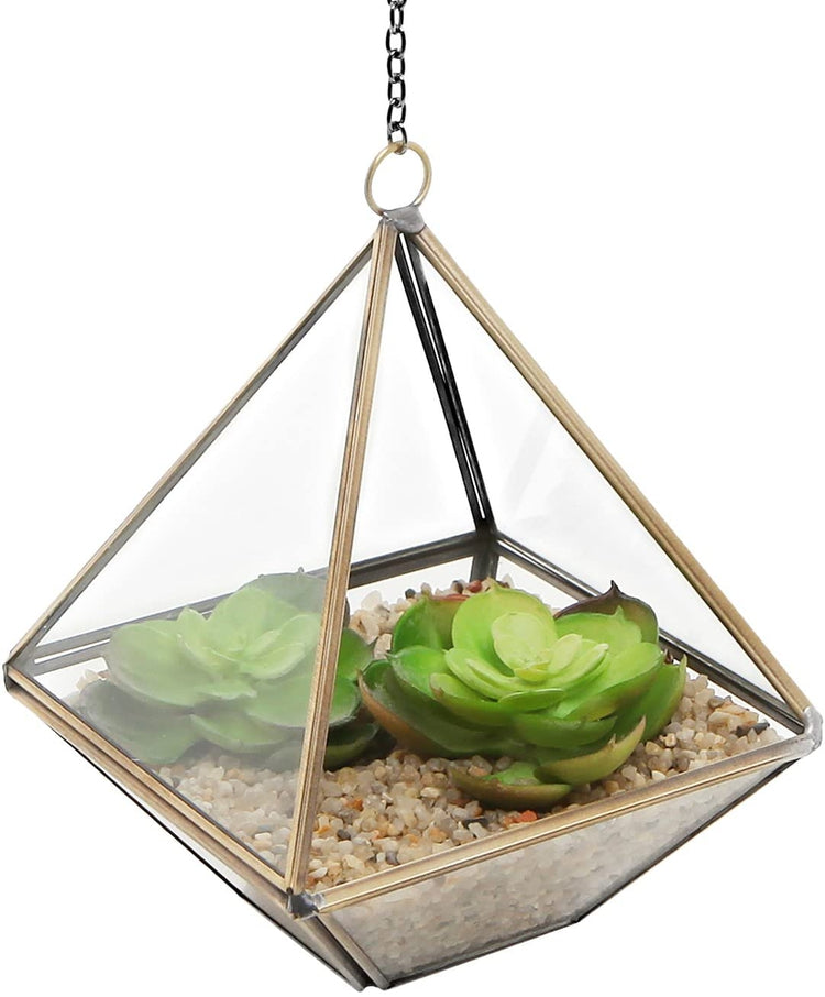 Decorative Clear Glass & Brass Tone Metal Faceted Hanging Air Plant Terrarium / Tea Light Candle Holder