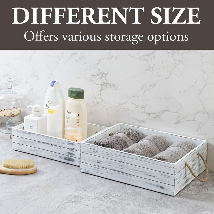 White Wood Nesting Storage Bins with Rope Handles, Farmhouse Weathered Wooden Crates, Open Top Box Pallets