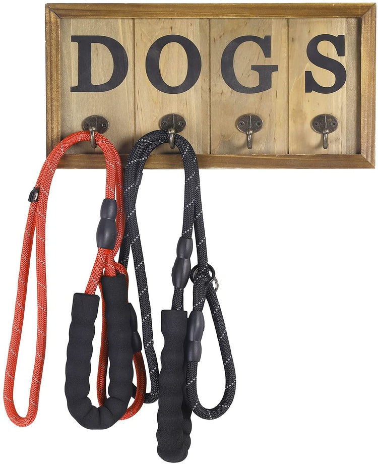 Brown Wood, Wall Mounted Dog Leash Holder with 4 Antique Metal Hooks-MyGift