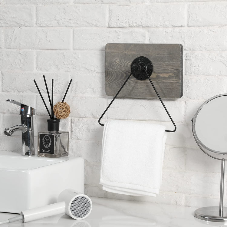 Gray Wood and Black Industrial Metal Pipe Triangular Hand Towel Holder Bathroom Wall Hanger Rack-MyGift