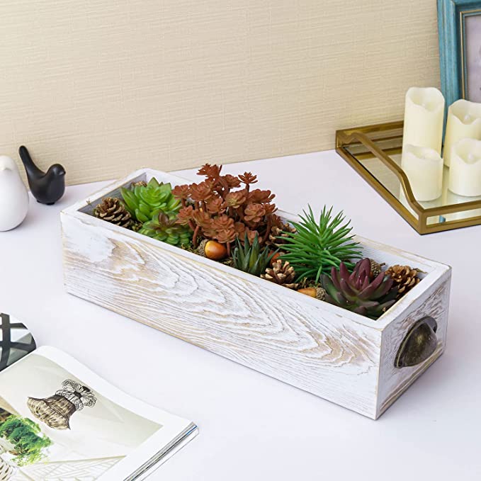 Artificial Succulents in Decorative Whitewashed Wood Rectangular Plant Pot, Window Plant Box with Vintage Brass Tone Handles