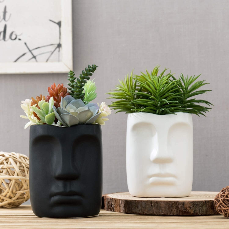 Set of 2, 4-inch Black and White Head Planter Pot, Face Design Ceramic Succulent Flower Vase-MyGift