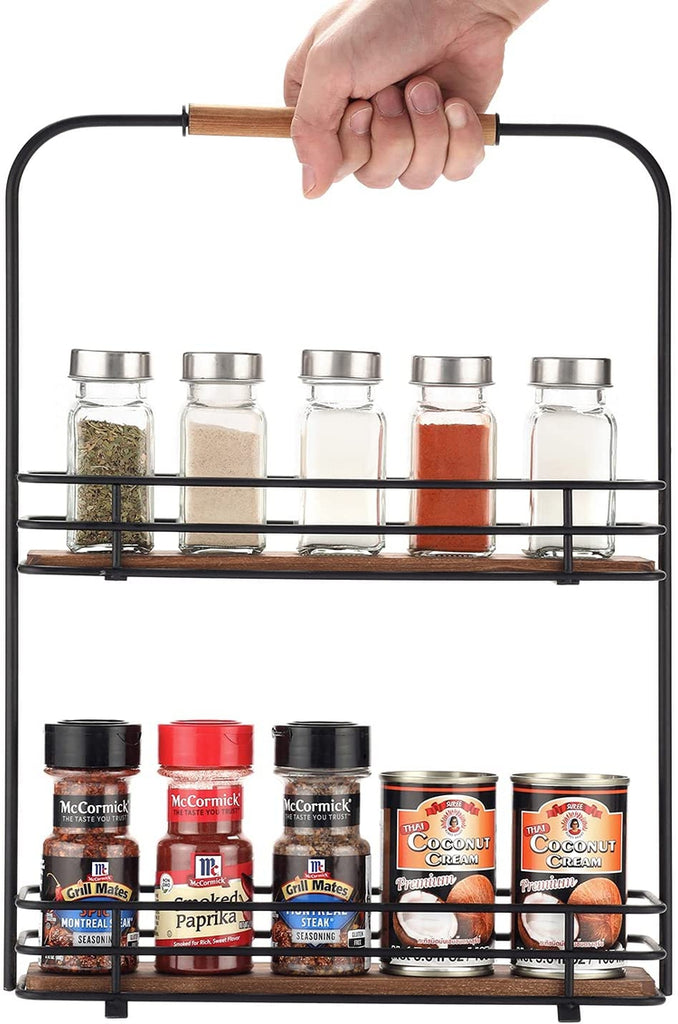 Matte Black Metal Frame 2 Tier Spice Jar Display Storage Rack with Burnt Wood Shelves and Handle