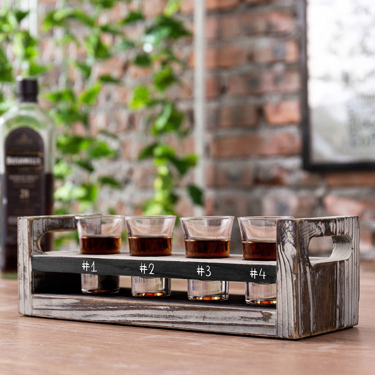 New Wooden Shot Glass Holder With Four Shot Glasses and Assorted