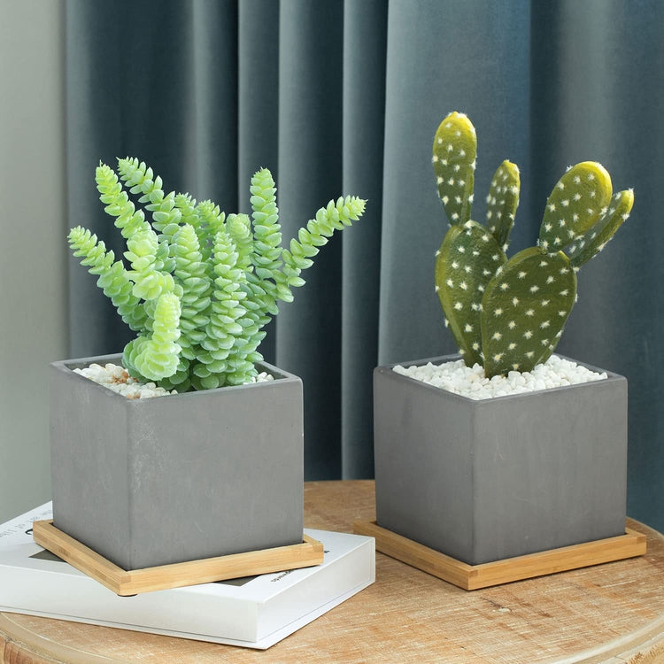 5 Inch Concrete Gray Mini Square Succulent Planters with Removable Bamboo Drain Trays, Set of 2