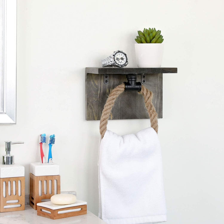 Gray Wood & Industrial Black Pipe Rope Hand Towel Ring w/ Shelf