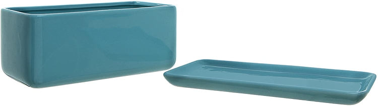 10 inch Rectangular Minimalist Turquoise Ceramic Succulent Planter Pot with Saucer-MyGift