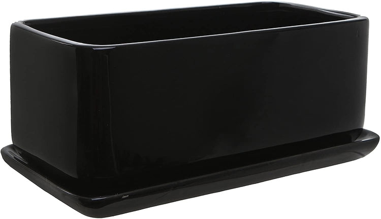 10 inch Rectangular Black Ceramic Succulent Planter Pot, Window Box with Saucer-MyGift