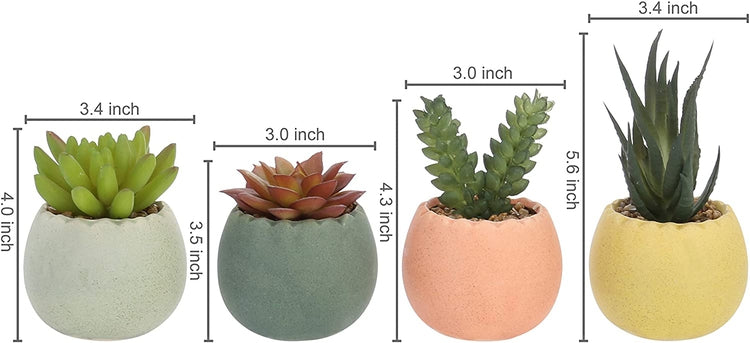 Set of 4, Assorted Mini Artificial Succulent Plants in Round Ceramic Multi-Colored Pots-MyGift