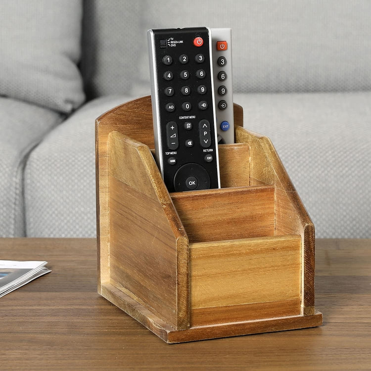 3 Compartment Acacia Wood Media Remote Control Caddy, Office Supply Storage Rack