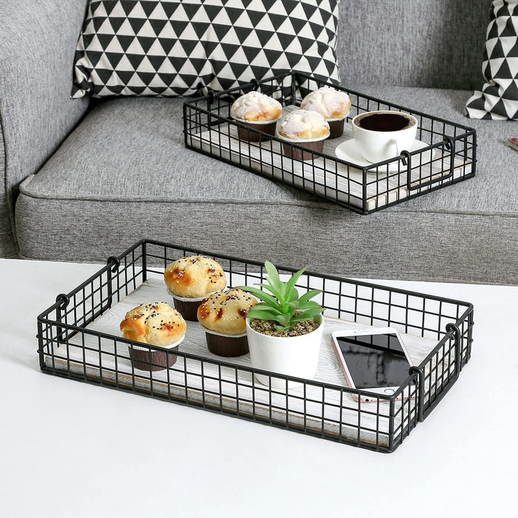 Black Metal Wire and Whitewashed Wood Nesting Serving Trays, Set of 2