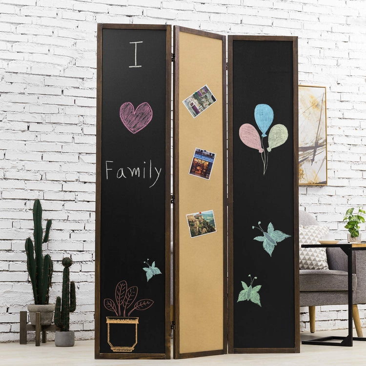 3-Panel Double-Sided Chalkboard, Cork Board Room Divider with Rustic Brown Wood Frame-MyGift