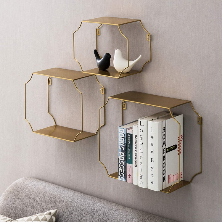 MyGift Wall Mounted Solid Burnt Wood Display Shelf with Brass Tone Wire Frame, Decorative Entryway Floating Wall Shelf