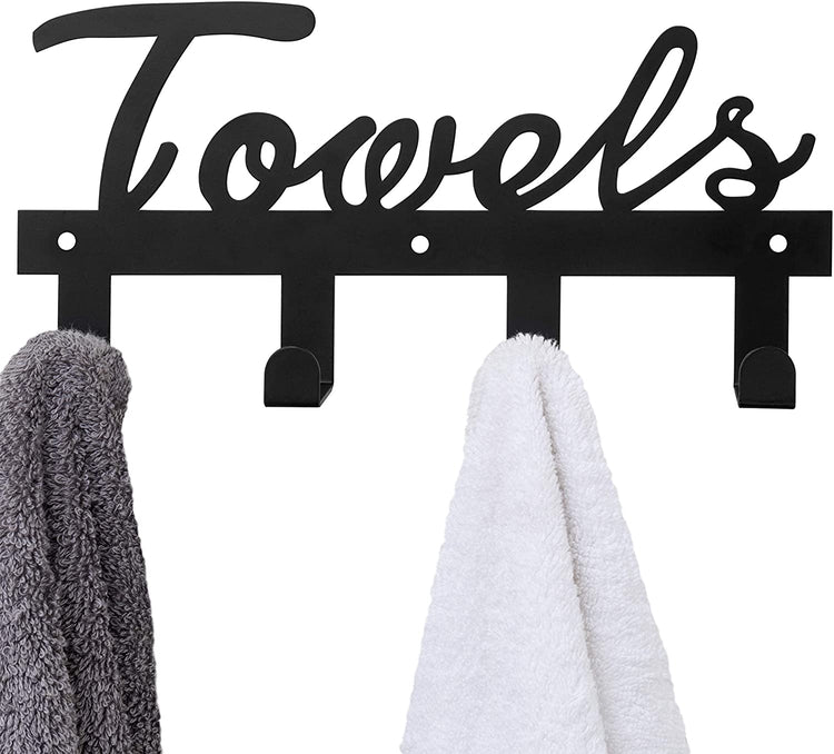 10-Inch Black Metal Wall Mounted Hand Towel Rack with TOWELS Lettering and 4 Hooks-MyGift