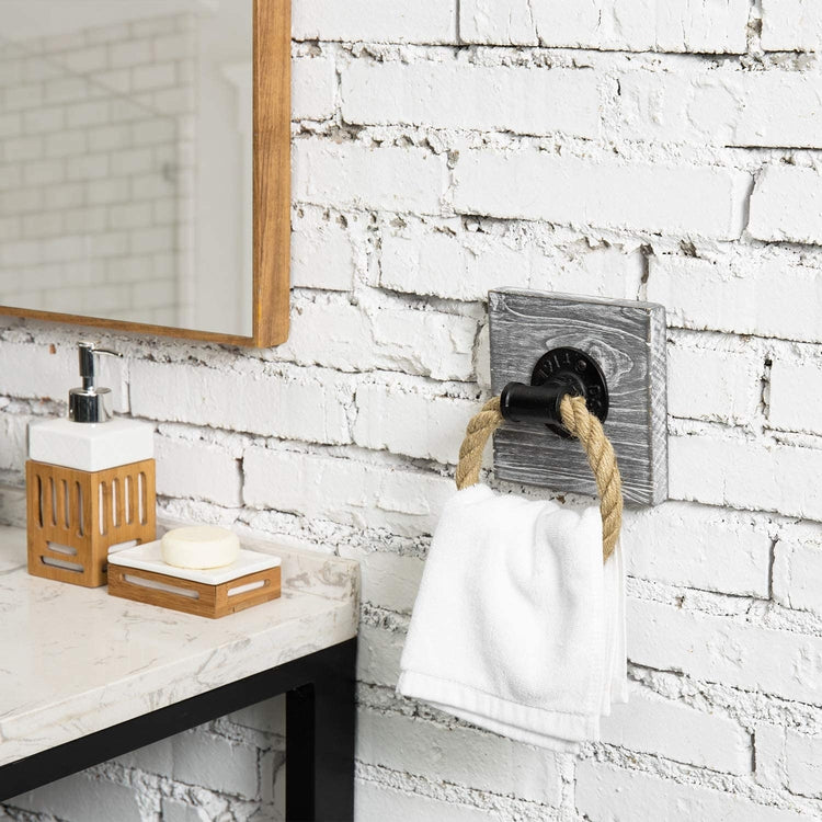 Weathered Gray Wood and Black Industrial Pipe Paper Towel Roll Holder Dispenser with Shelf, Wall Mounted or Countertop