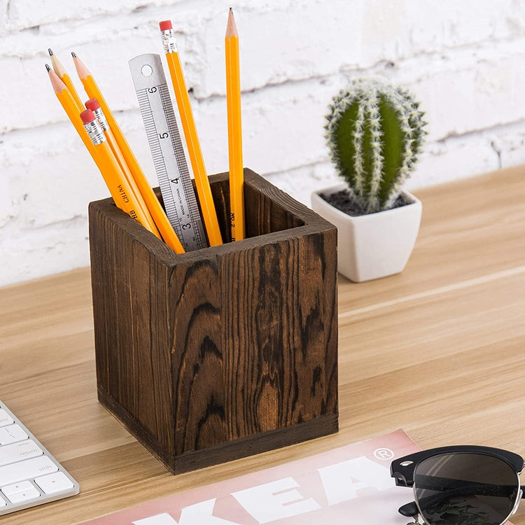 Pencil Cup - Wooden Desktop Organizer - Small Rustic Wood Desk Top Caddy  For Office Accessories And Supplies - Organization For Home, School,  Classroom, Work - Square Dark Brown 