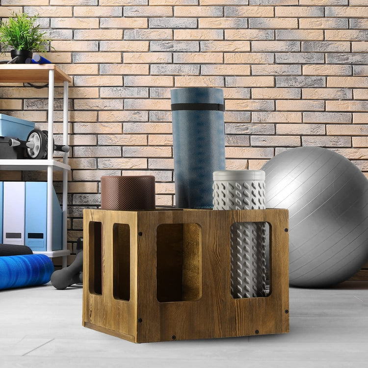 3 Compartment Dark Brown Wood Wall Mounted Fitness Foam Roller, Yoga Mat  Holder Storage Rack