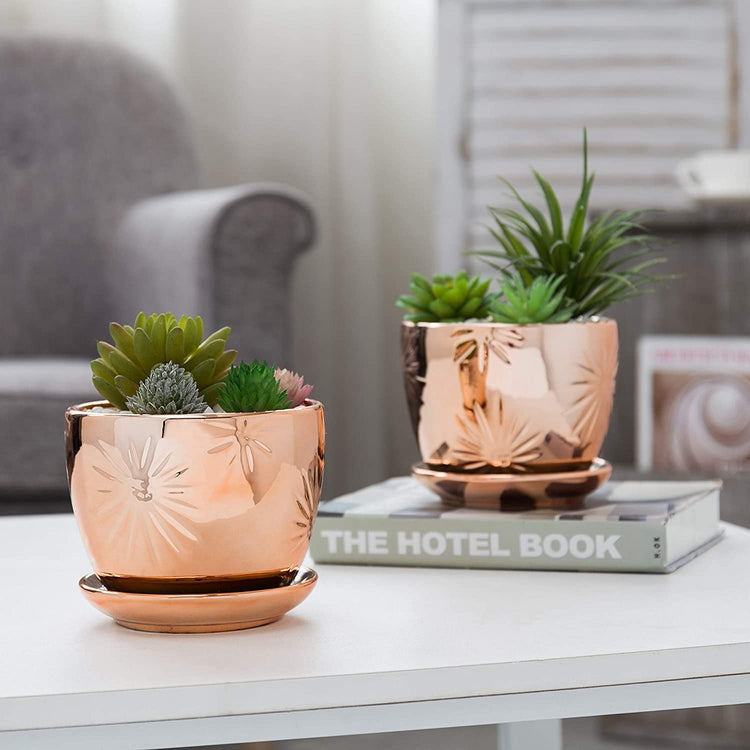 Set of 2, Rose Gold Ceramic Planter, Round Plant Pot with Starburst Design and Saucer-MyGift