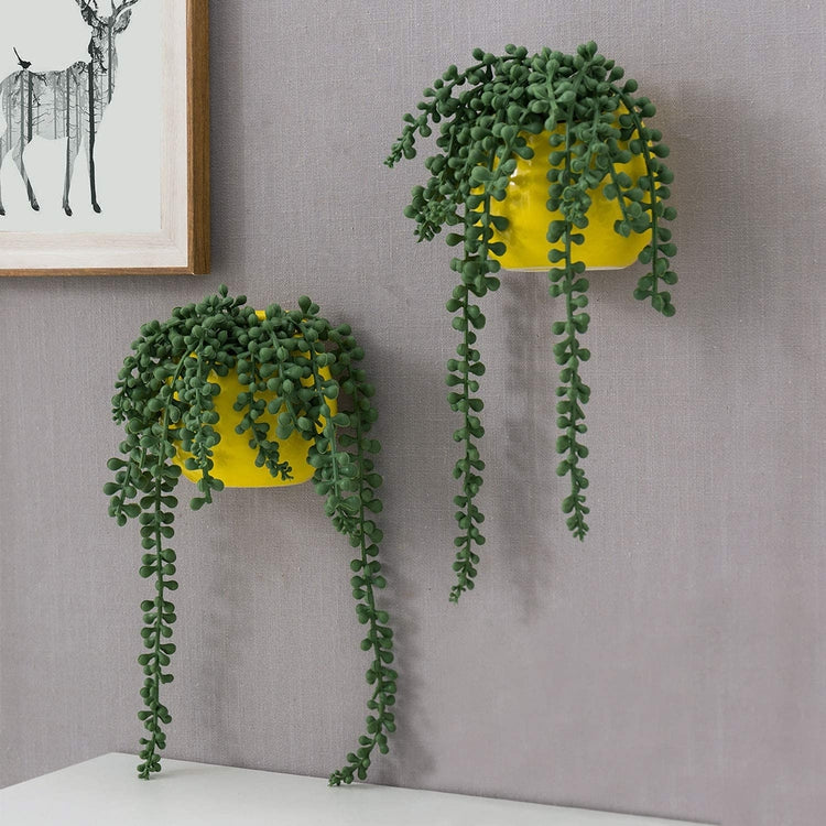 Set of 2 Decorative Faux String of Pearls Plants in Yellow Ceramic Wall Hanging Planter Pots-MyGift