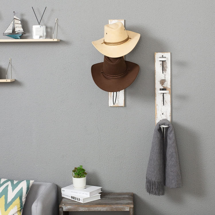 Whitewashed Wood and Black Metal Wire Wall Mounted Vertical Hat