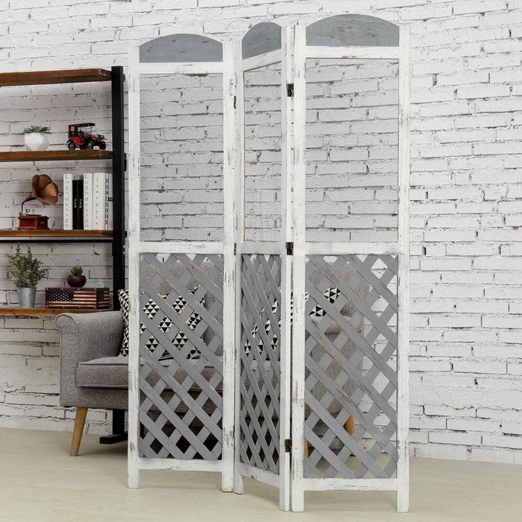 3 Panel Whitewashed and Distressed Gray Wood Trellis Style Room Divider Partition Screen with 3 Hanging Plant Boxes