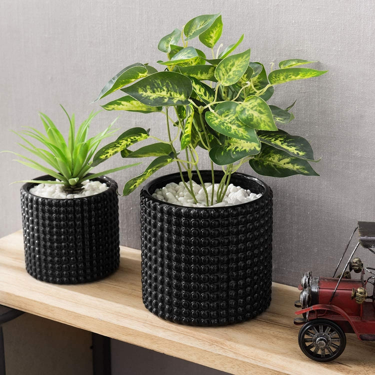 Black Ceramic Vintage Style Hobnail Textured Flower Planter Pots with Drainage Holes, Set of 2