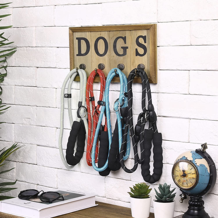 Brown Wood, Wall Mounted Dog Leash Holder with 4 Antique Metal Hooks-MyGift