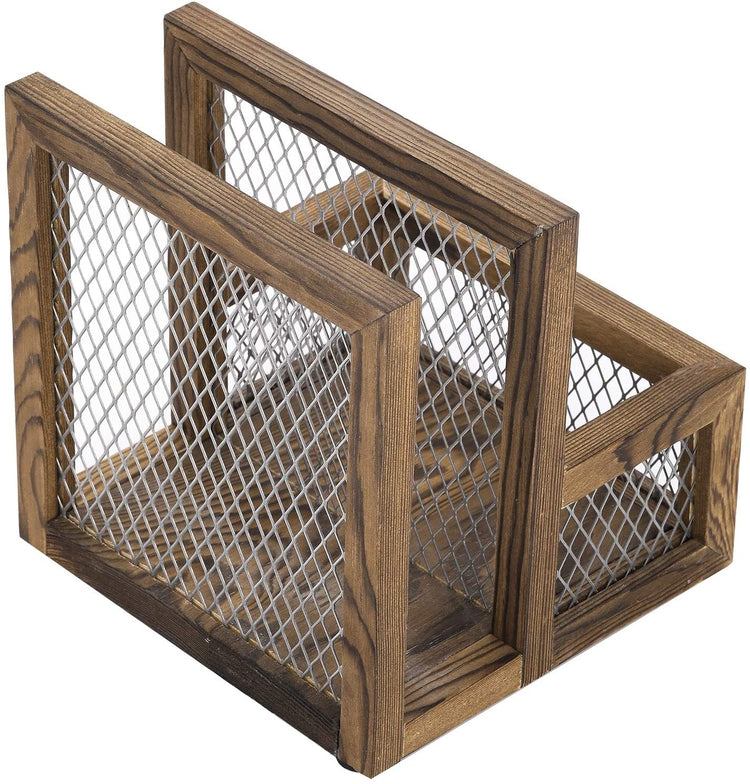 Rustic Burnt Wood Kitchen Tabletop Napkin Holder Rack, Salt & Pepper Shaker Storage-MyGift