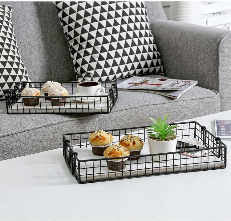 Set of 2, Black Metal Wire and Whitewashed Wood Nesting Serving Trays, Storage Baskets with Handles-MyGift