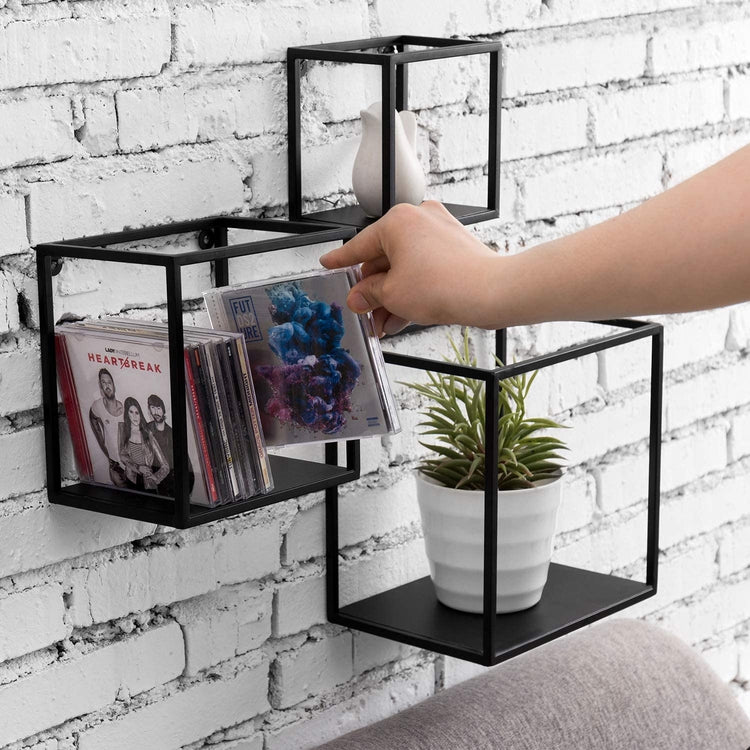 Set of 3 Black Metal Cube-Frame Hanging Wall Shelves-MyGift