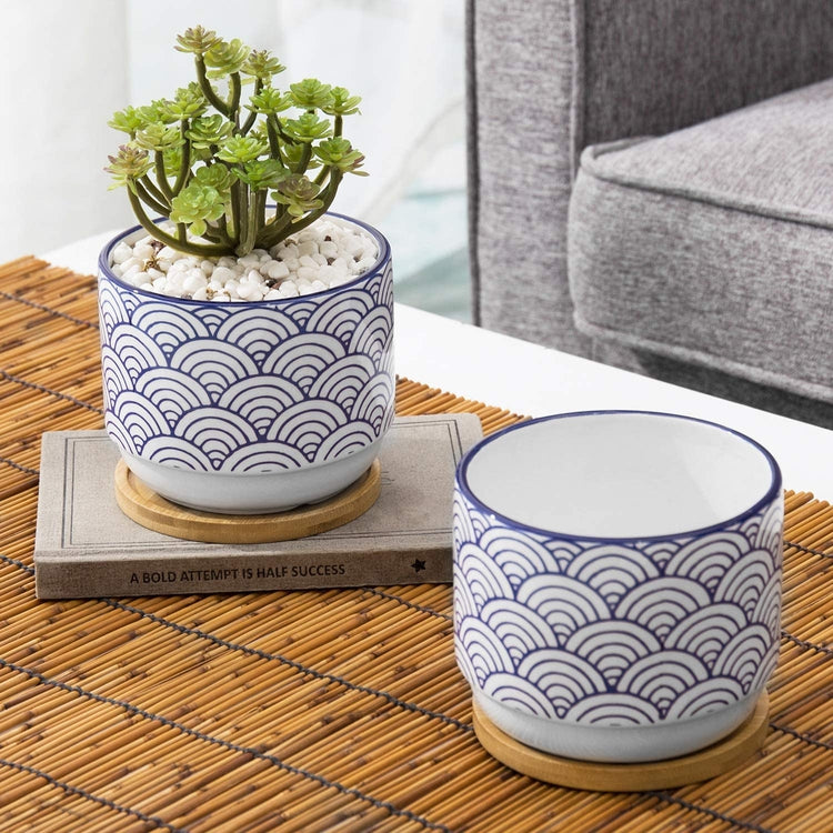 Set of 2, 5-inch Blue & White Japanese Style Wave Ceramic Planter with Removable Bamboo Tray-MyGift