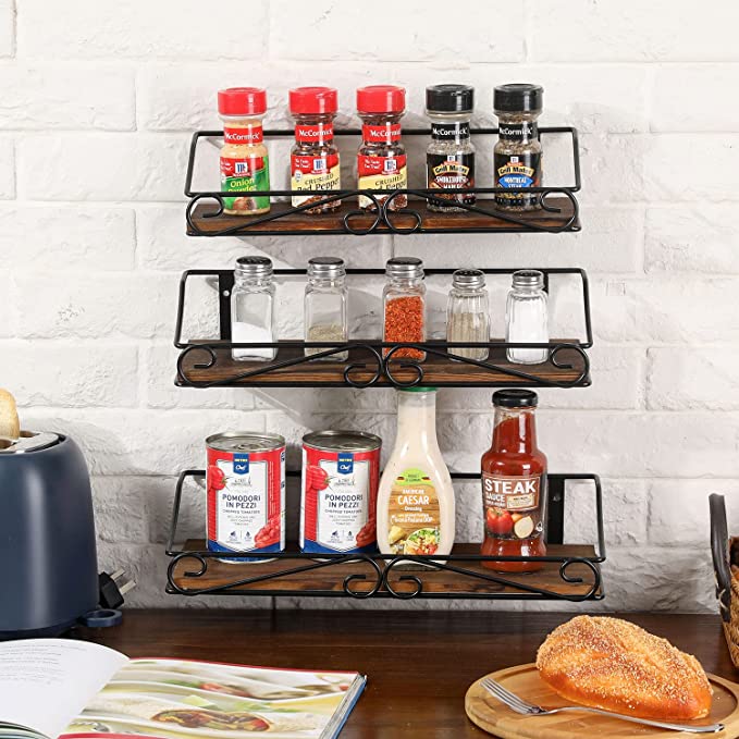 3 Tier Industrial Spice Rack, Matte Black Metal and Burnt Wood Wall Mo –  MyGift