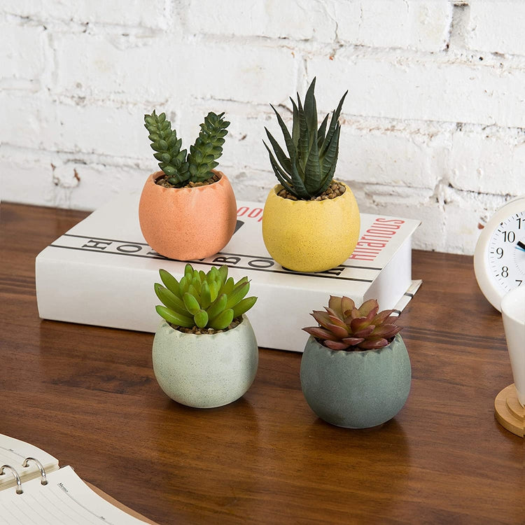 Set of 4, Assorted Mini Artificial Succulent Plants in Round Ceramic Multi-Colored Pots-MyGift