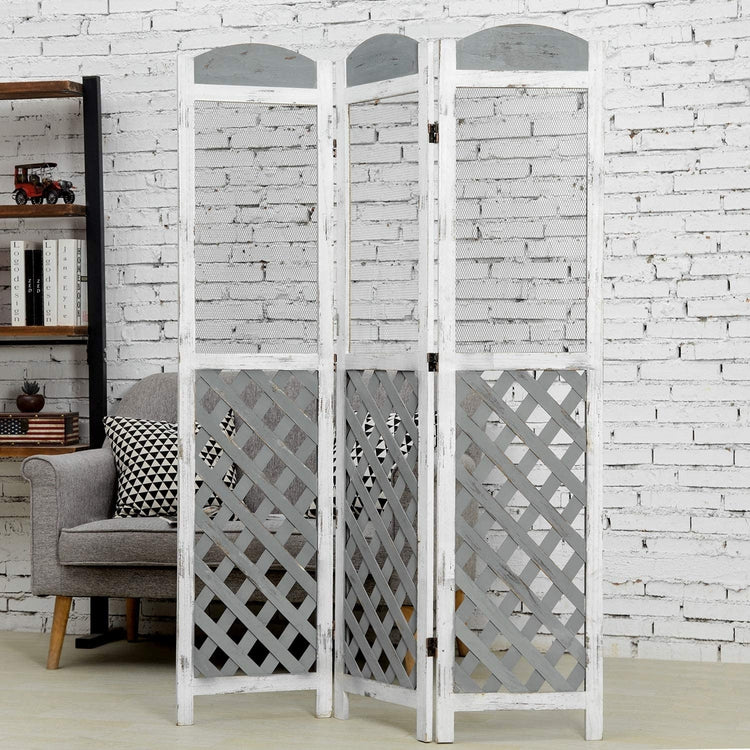 3 Panel Whitewashed and Distressed Gray Wood Trellis Style Room Divider Partition Screen with 3 Hanging Planter Boxes-MyGift