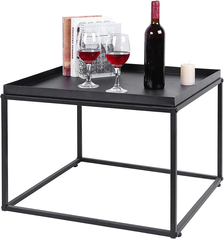 Matte Black Metal Square Coffee Table and Side Table, Tray Style-MyGift