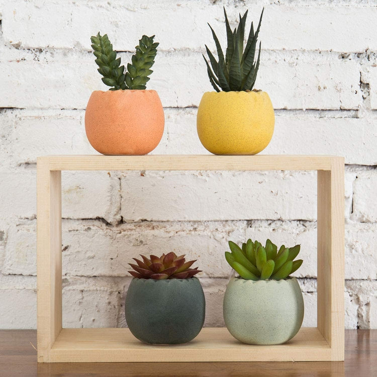 Set of 4, Assorted Mini Artificial Succulent Plants in Round Ceramic Multi-Colored Pots-MyGift