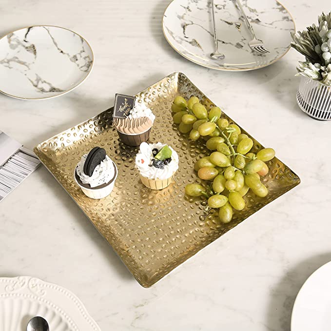 12-Inch Square Serving Tray, Metal Decorative Tray with Handcrafted Hammered Design-MyGift