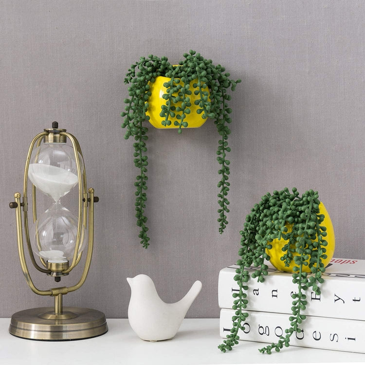 Artificial Faux String of Pearls Plants in Yellow Round Ceramic Wall Hanging Plant Pots, Set of 2