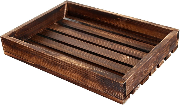 Country Rustic Wood Slat Breakfast Serving Tray, Rectangular Display Stand, Dark Brown-MyGift